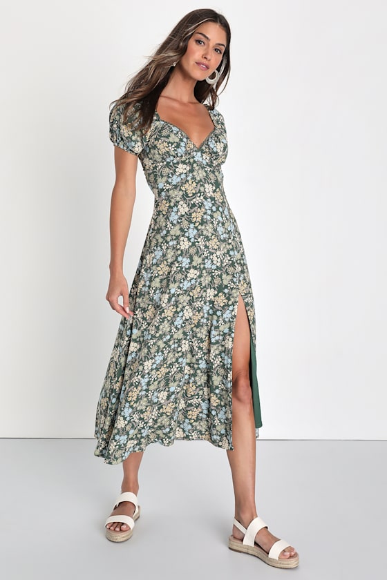 Meadow Muse Green Floral Tie-Back Puff Sleeve Midi Dress