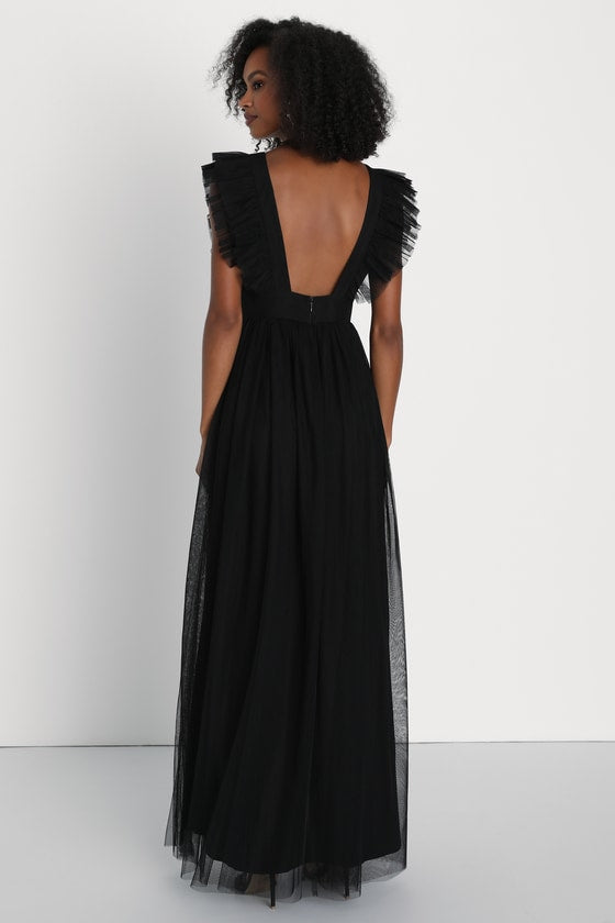 Simply Delighted Black Floral Mesh Ruffled Backless Maxi Dress