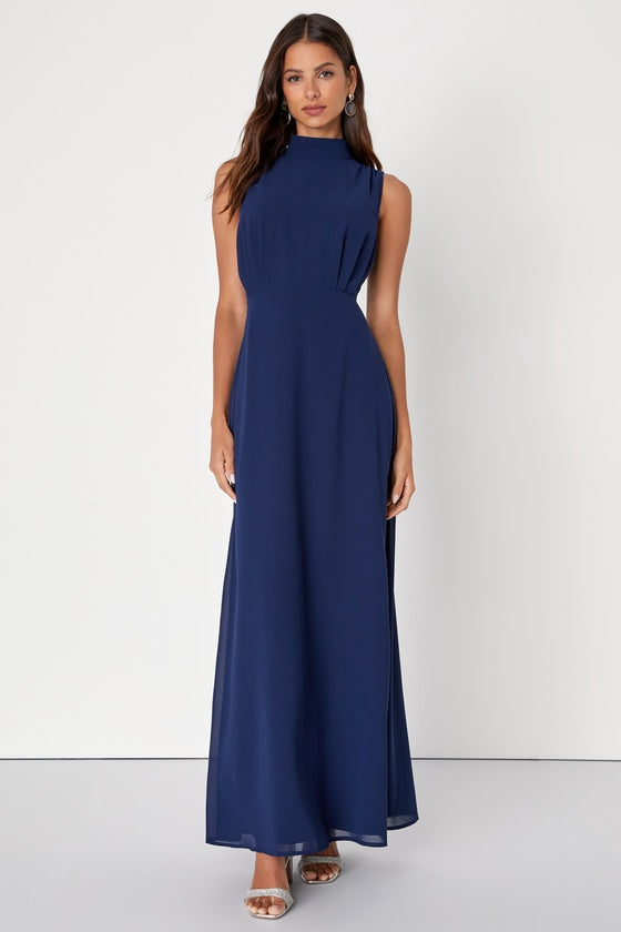 Classic Elegance Black Chiffon Sleeveless Mock Neck Maxi Dress