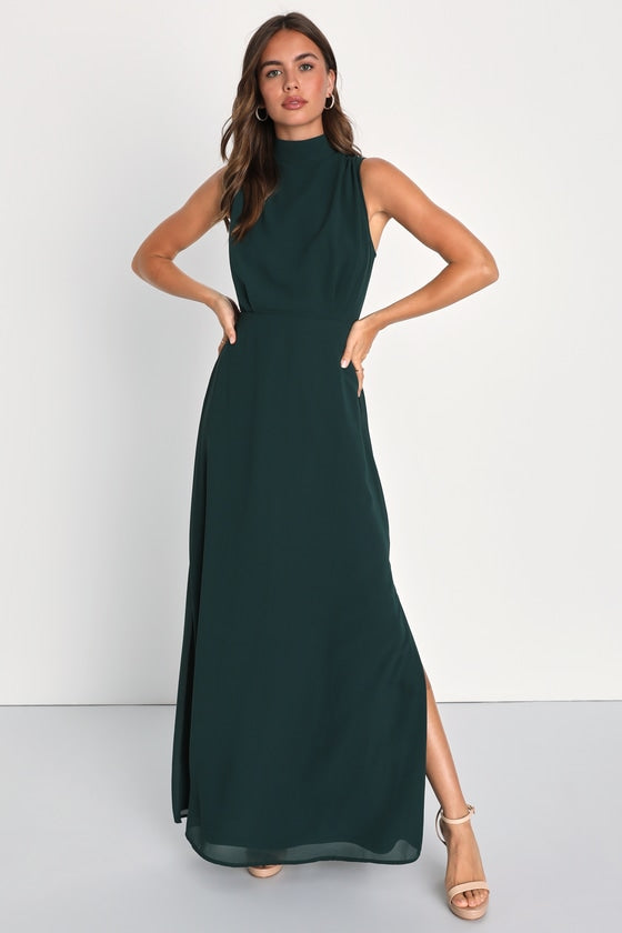 Classic Elegance Black Chiffon Sleeveless Mock Neck Maxi Dress