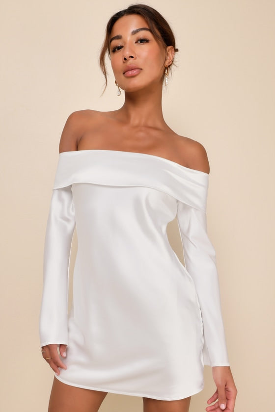 Luxurious Vision Light Yellow Satin Off-the-Shoulder Mini Dress