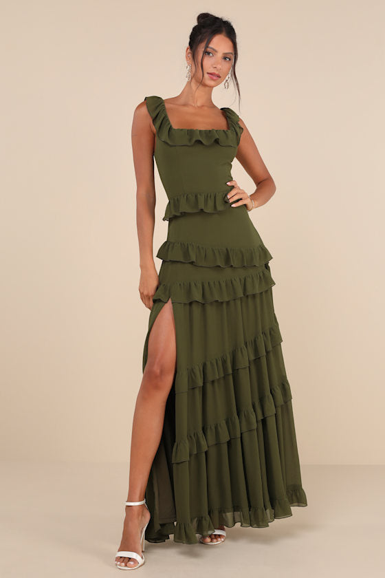 Compelling Romantic Dark Blue Ruffled Tiered Maxi Dress