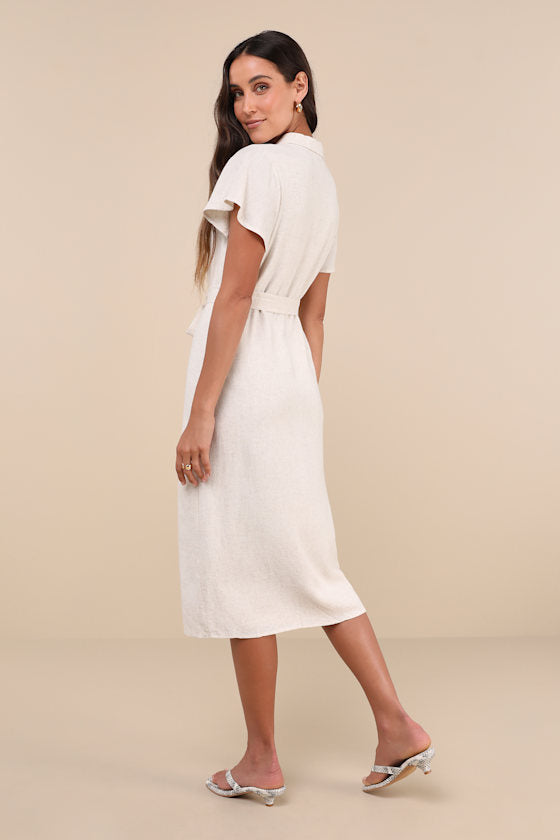 Italian Summer Black Linen Button-Up Short Sleeve Midi Dress