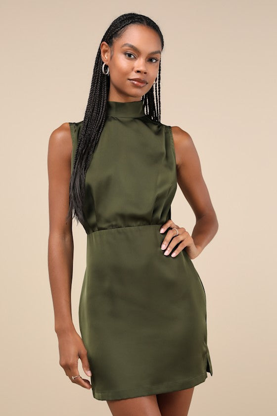 Classic Elegance Navy Satin Sleeveless Mock Neck Mini Dress