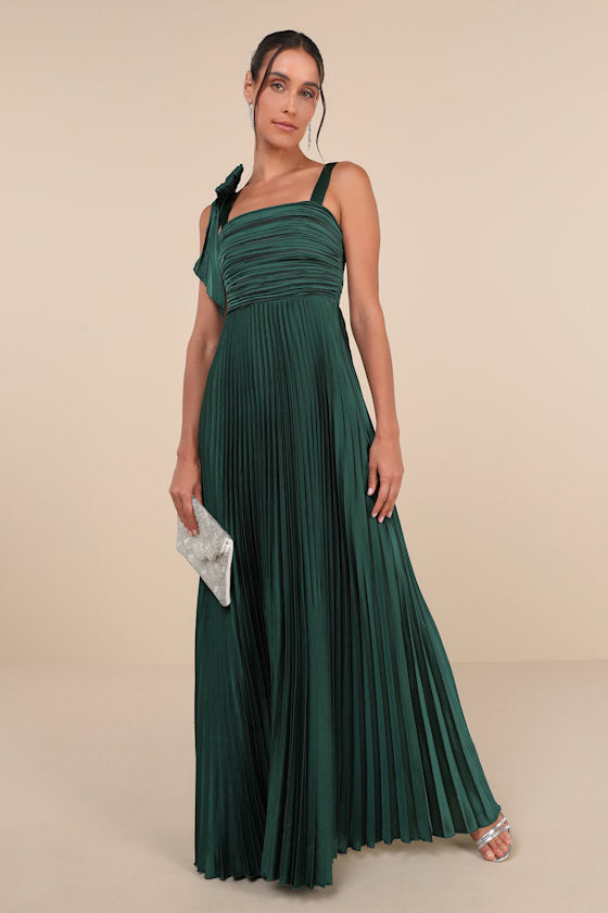 Gorgeous Purpose Slate Satin Pleated Sleeveless Bow Maxi Dress