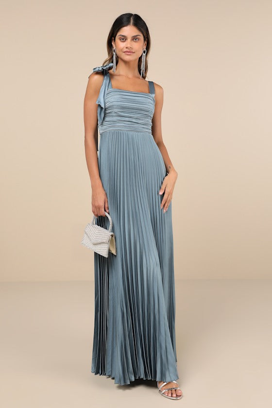 Gorgeous Purpose Pink Satin Pleated Sleeveless Bow Maxi Dress