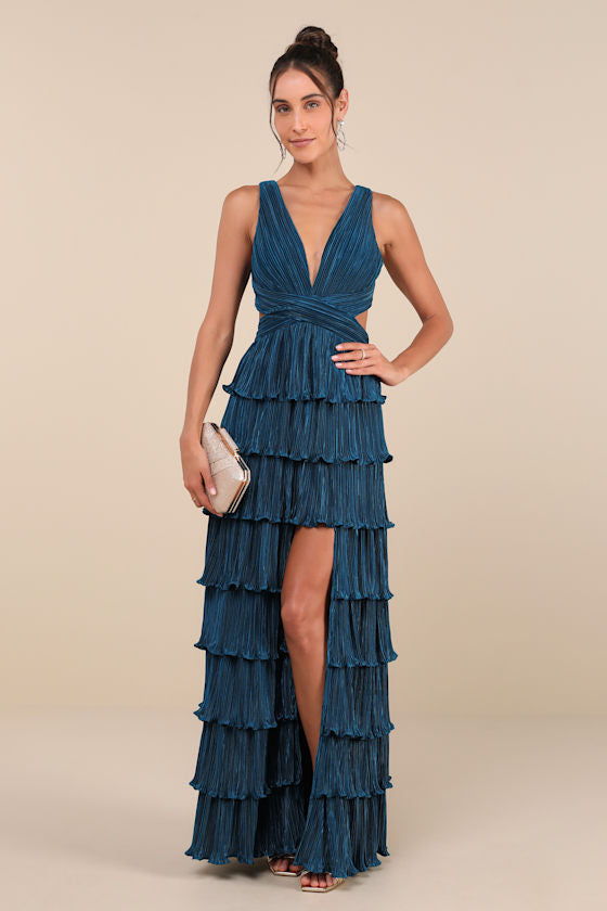 Beauty Icon Pink Satin Pleated Tiered Lace-Up Maxi Dress