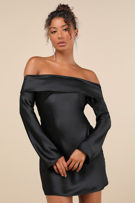 Luxurious Vision Brown Satin Off-the-Shoulder Mini Dress