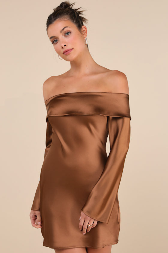 Luxurious Vision Light Yellow Satin Off-the-Shoulder Mini Dress