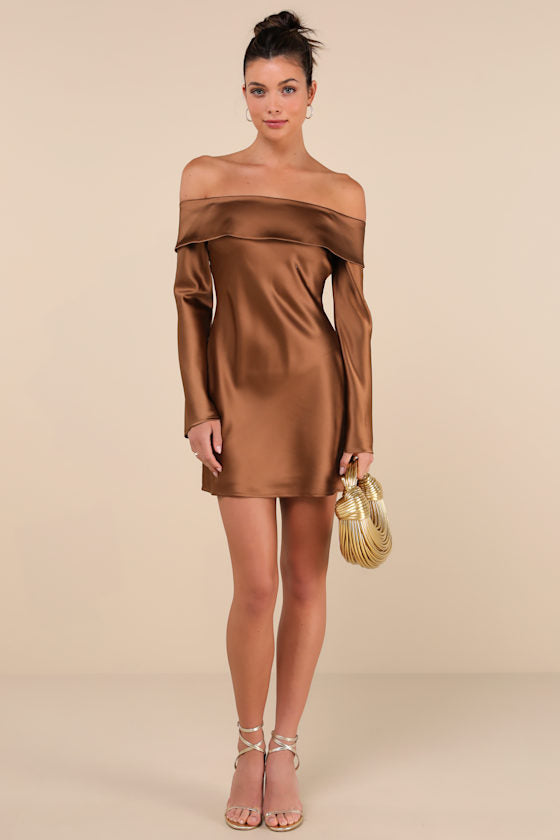 Luxurious Vision Olive Green Satin Off-the-Shoulder Mini Dress