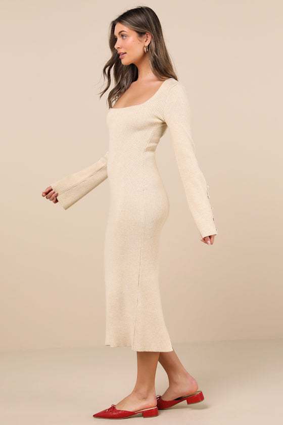 Classy Attitude Burgundy Ribbed Square Neck Midi Sweater Dress