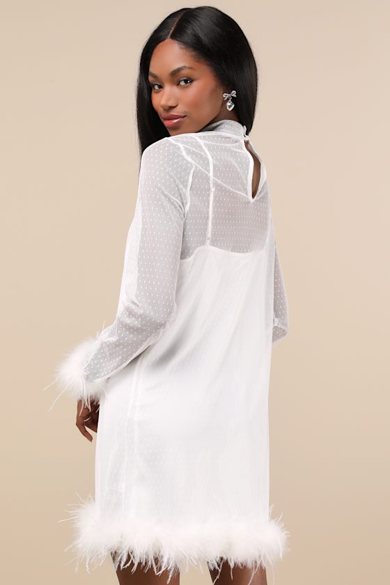 Immaculate Charisma Black Mesh Feather Long Sleeve Mini Dress