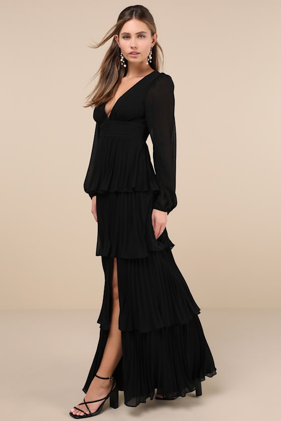 Graceful Finesse Plum Pleated Long Sleeve Maxi Dress