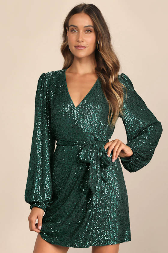 Sparkly Darling Chartreuse Sequin Long Sleeve Wrap Dress