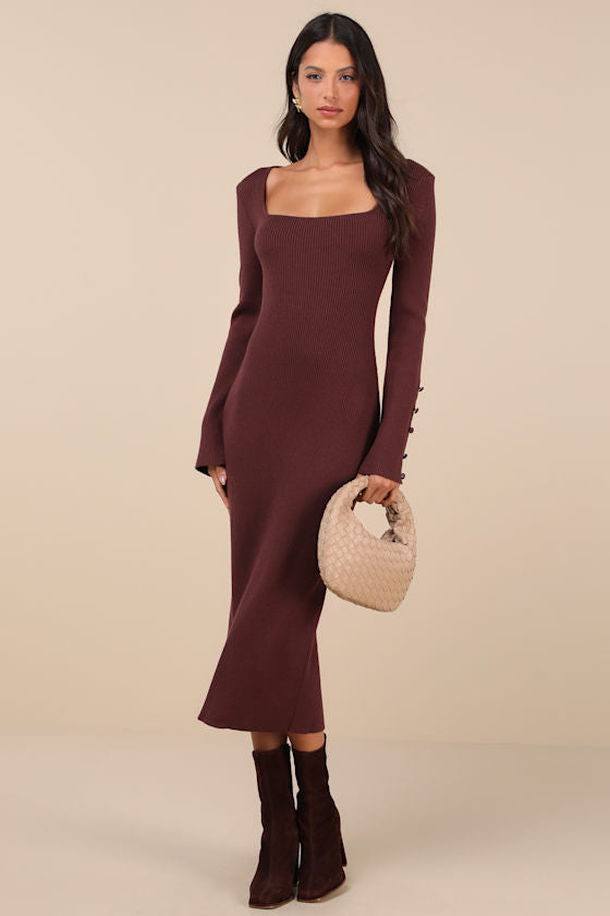 Classy Attitude Beige Ribbed Square Neck Midi Sweater Dress