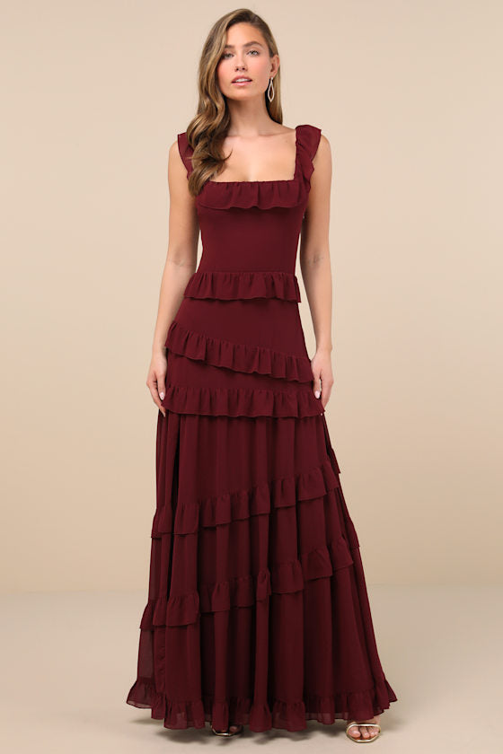 Compelling Romantic Rusty Rose Ruffled Tiered Maxi Dress