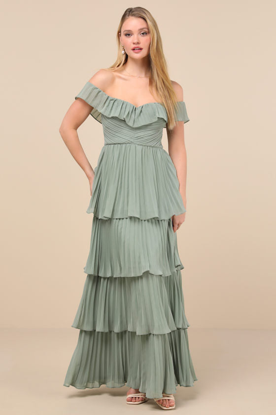 Always Remarkable Emerald Pleated Off-the-Shoulder Maxi Dress