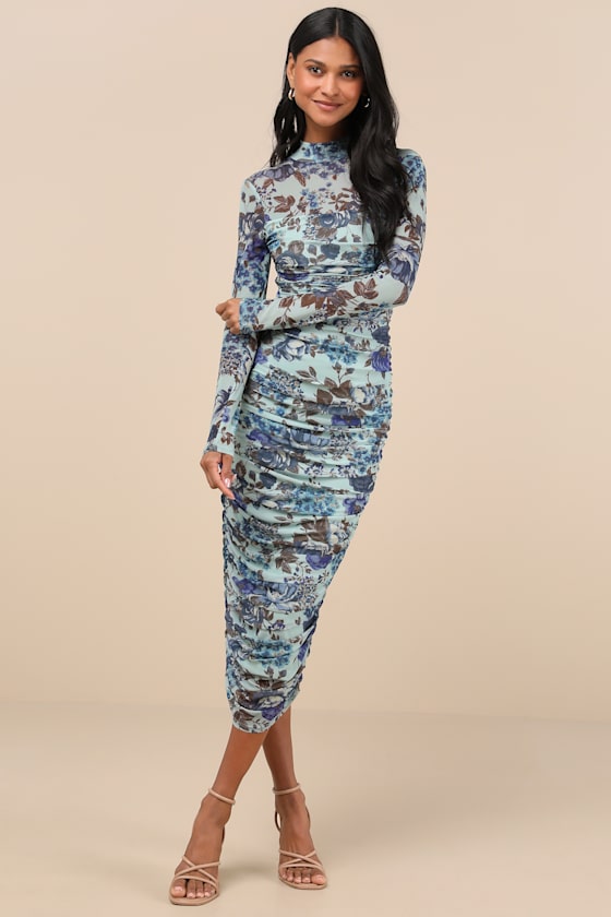 Impressive Flirt Brown Mesh Ruched Mock Neck Midi Dress