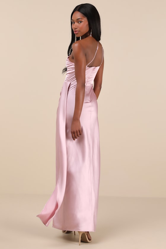 Signature Elegance Olive Green Satin One-Shoulder Maxi Dress