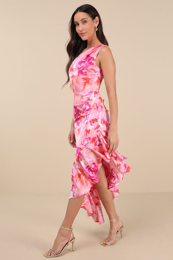 Divinely Blooming Lime Multi Floral One-Shoulder Midi Dress