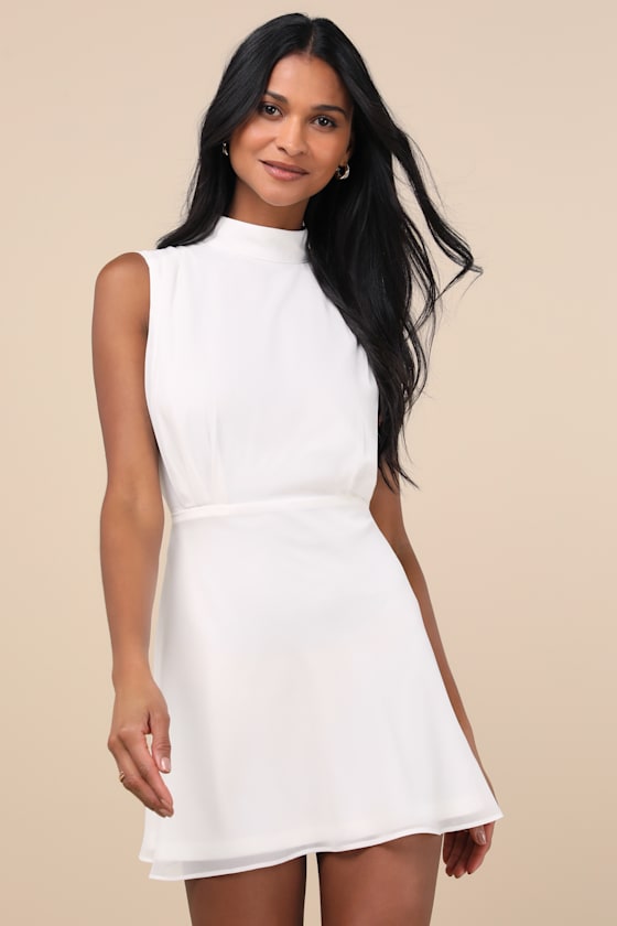 Classic Elegance Yellow Chiffon Sleeveless Mock Neck Mini Dress