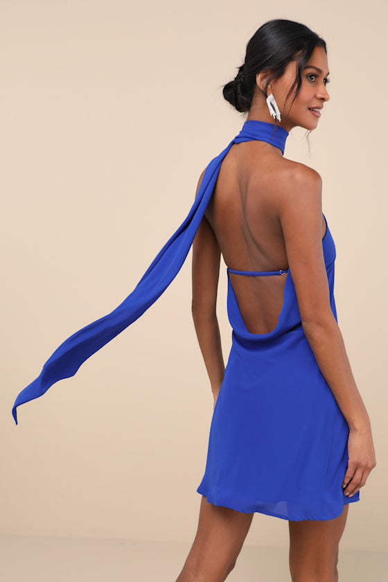 Isloda Ivory One-Shoulder Backless Sash Mini Dress