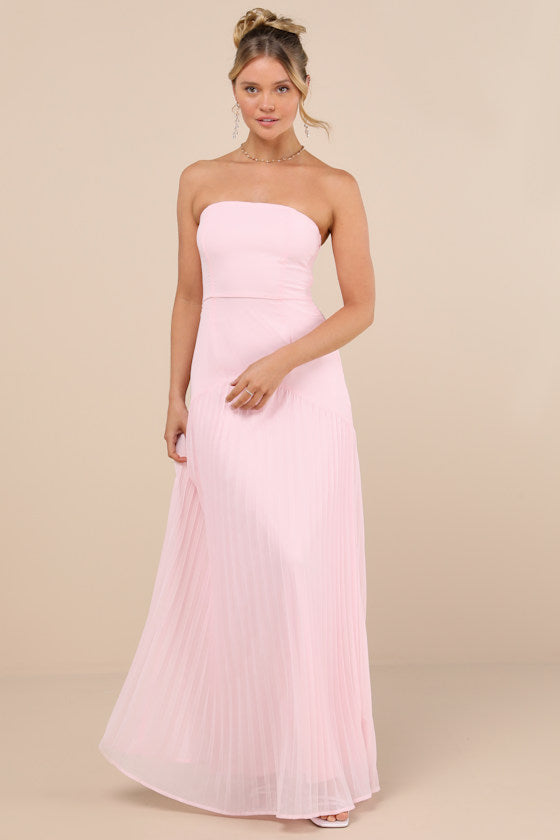 Celebratory Aesthetic Pink Floral Pleated Strapless Maxi Dress
