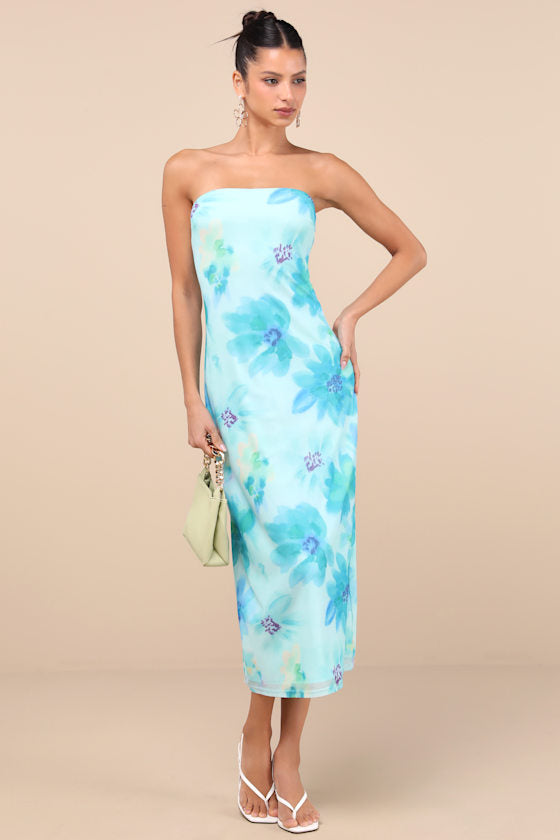 Jaylah Brown Polka Dot Mesh Strapless Midi Dress