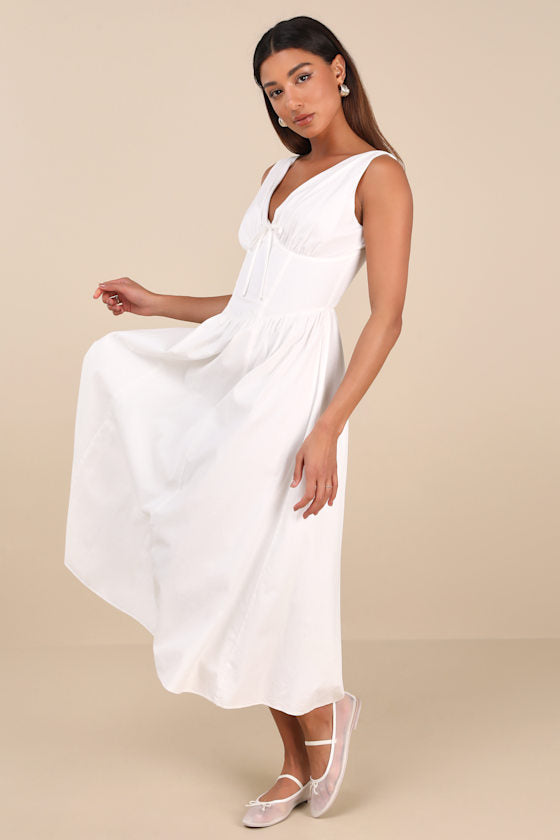 Lettie Ivory Multi Floral Poplin Plunge Neck Midi Dress