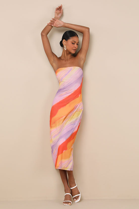 Jaylah Brown Polka Dot Mesh Strapless Midi Dress
