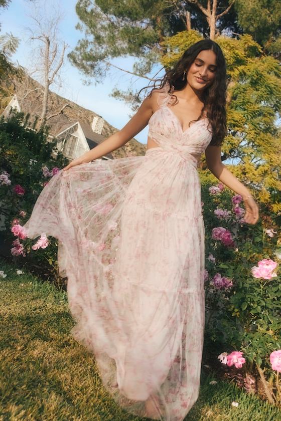 Ethereal Love Blue Floral Pleated Tiered Tie-Back Maxi Dress