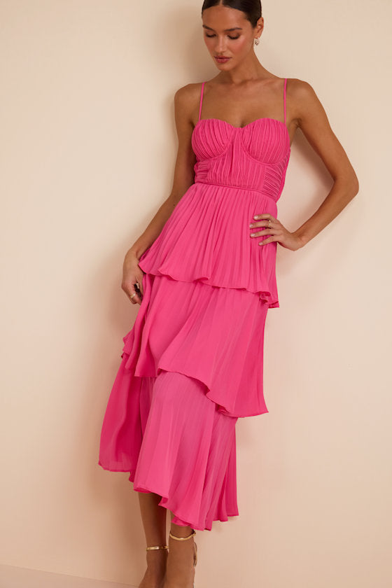 Cascading Crush Light Blue Tiered Bustier Midi Dress