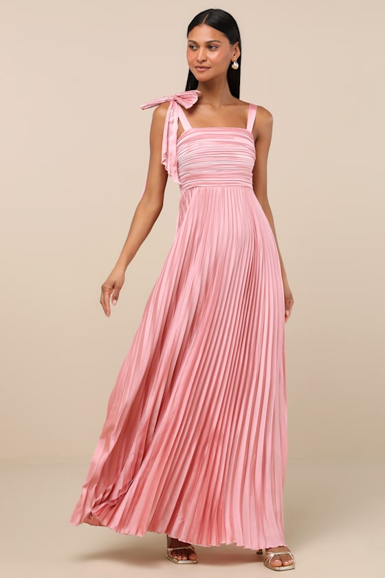 Gorgeous Purpose Slate Satin Pleated Sleeveless Bow Maxi Dress