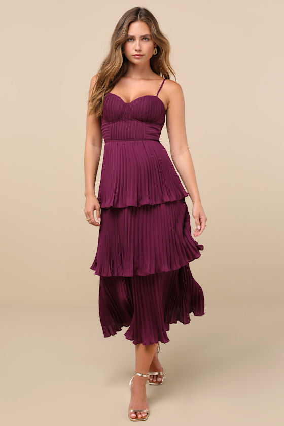 Cascading Crush Blush Pink Tiered Bustier Midi Dress