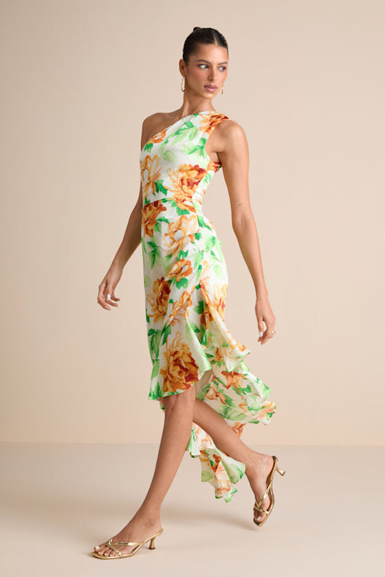 Divinely Blooming Lime Multi Floral One-Shoulder Midi Dress