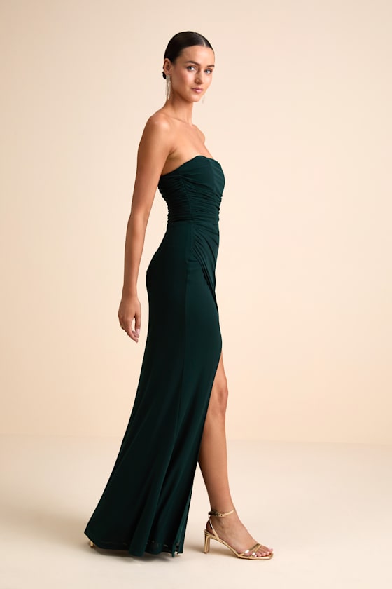 Epitome of Allure Black Mesh Strapless Ruched Maxi Dress