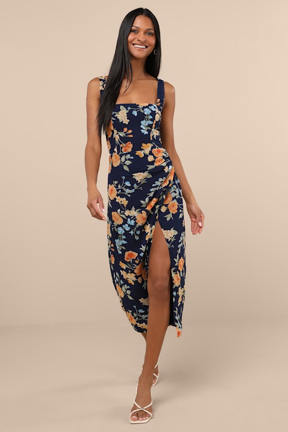 Lesina Navy Blue Floral Sleeveless Midi Dress