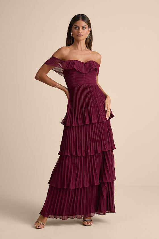 Always Remarkable Pink Pleated Off-the-Shoulder Maxi Dress