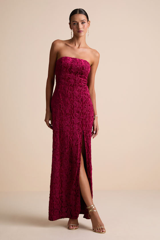 Chic Grace Black Velvet Floral Applique Strapless Maxi Dress