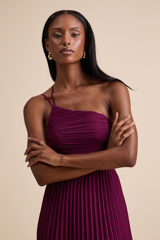 Wondrous Muse Navy Blue Pleated One-Shoulder Midi Dress