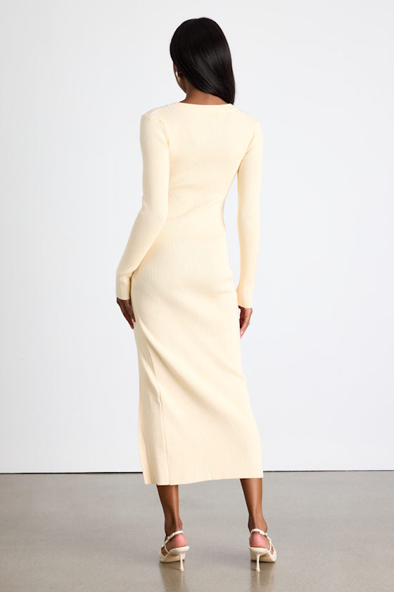 Refined Attitude Black Ribbed Side Button Midi Sweater Dress