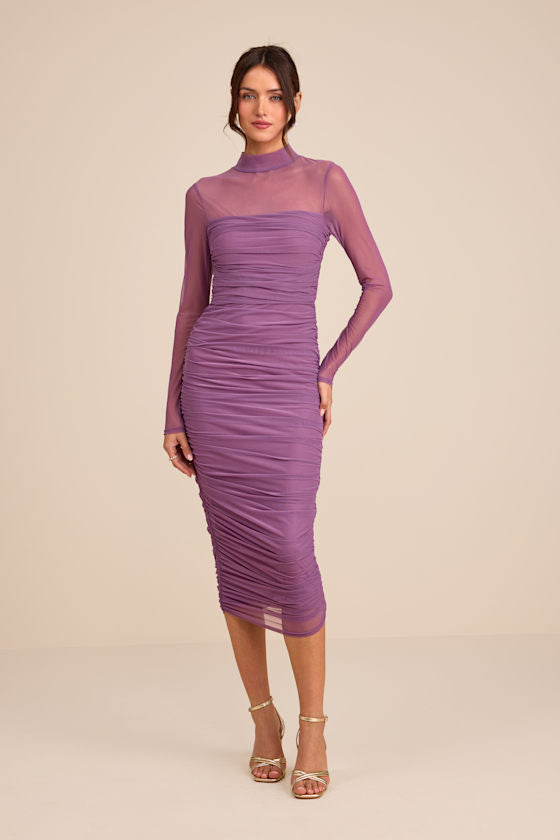 Impressive Flirt Brown Mesh Ruched Mock Neck Midi Dress