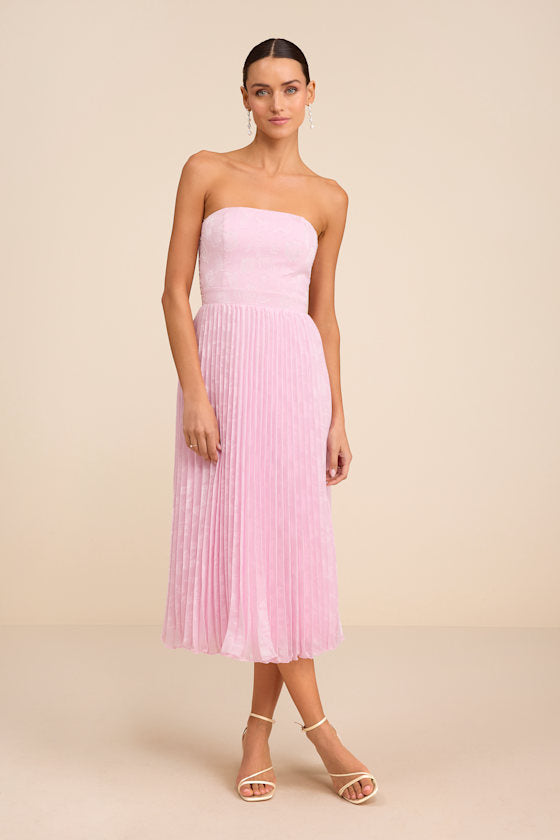 Perfectly Stunning Burgundy Jacquard Strapless Midi Dress