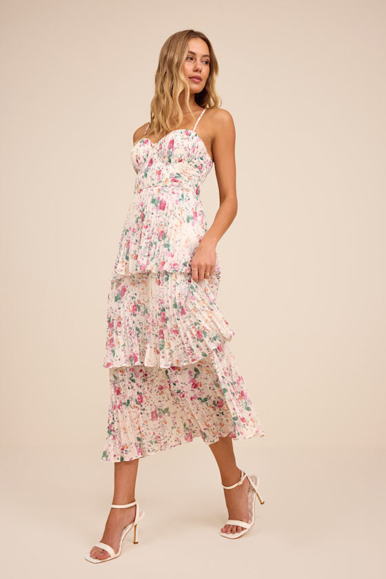 Cascading Crush Light Blue Tiered Bustier Midi Dress