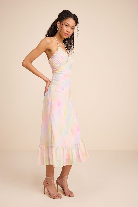 Jamaya Multi Abstract Floral Lace-Up Midi Dress