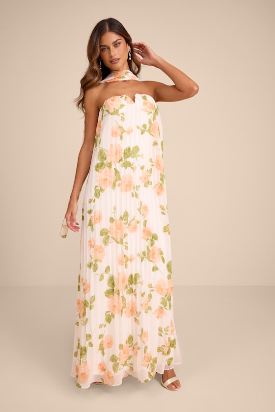 Lael Green Pleated Strapless Dress and Scarf Set