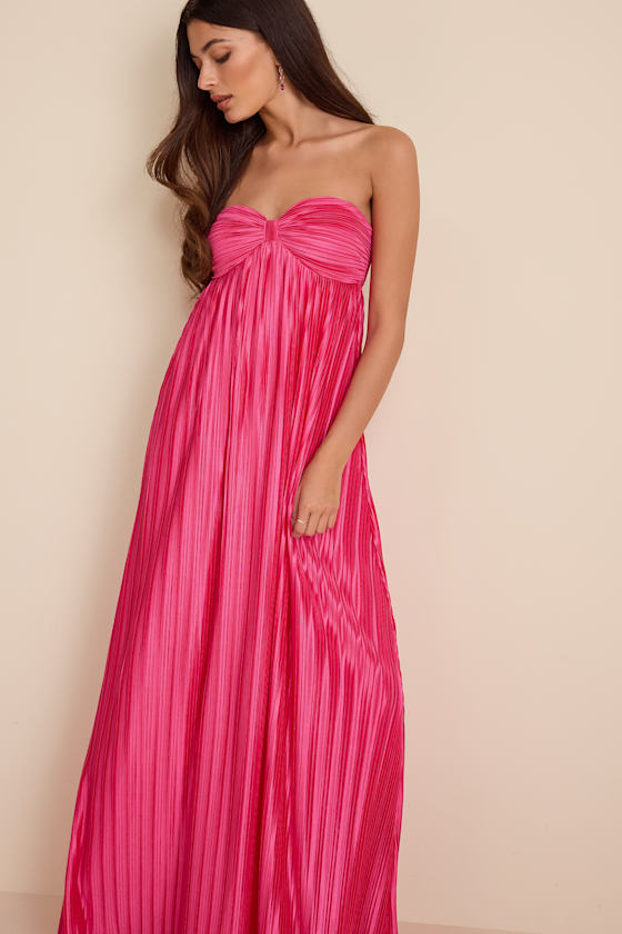 Whimsical Beauty Emerald Green Satin Plisse Strapless Maxi Dress