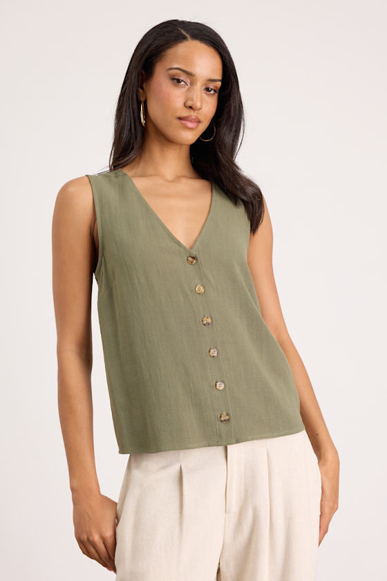 Casually Sophisticated Brown Linen Sleeveless Button-Front Top