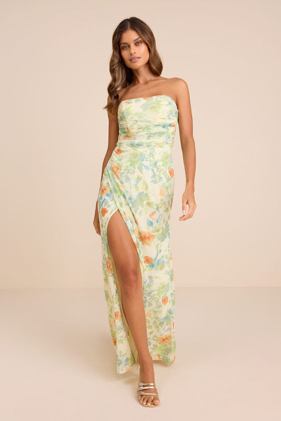 Epitome of Allure Brown Mesh Strapless Ruched Maxi Dress