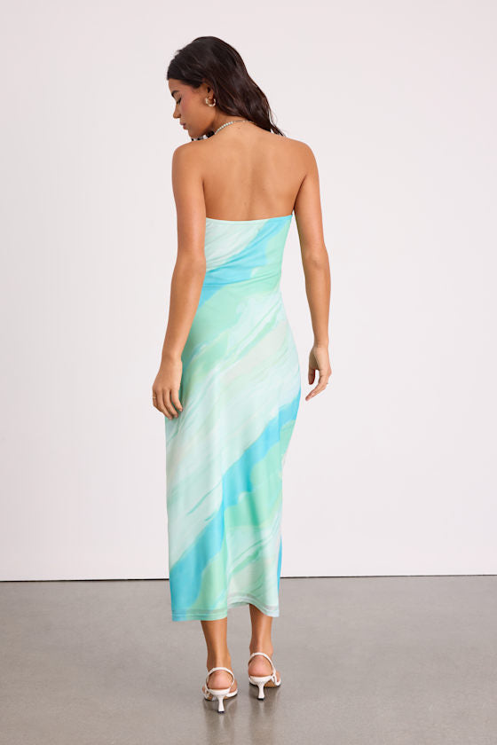 Jaylah Brown Polka Dot Mesh Strapless Midi Dress